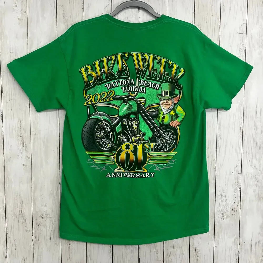 Bike Week Daytona Beach 2022 Green Short Sleeve Leprechaun Clover T-Shirt - Picture 2 of 9